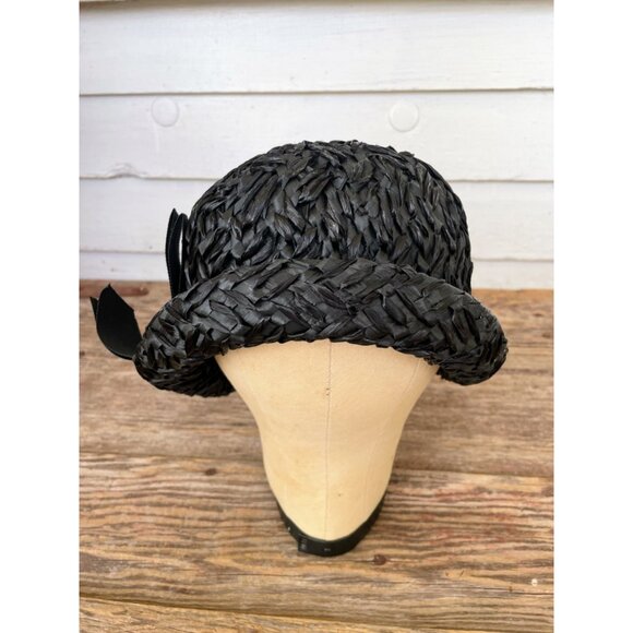 Vintage 1960s Black Raffia Straw Raffia Cloche' Womens Hat MOD - Picture 1 of 13